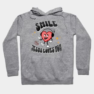 Smile Jesus Loves You - Groovy Heart design: Black text color with a cheerful heart smiley face Hoodie